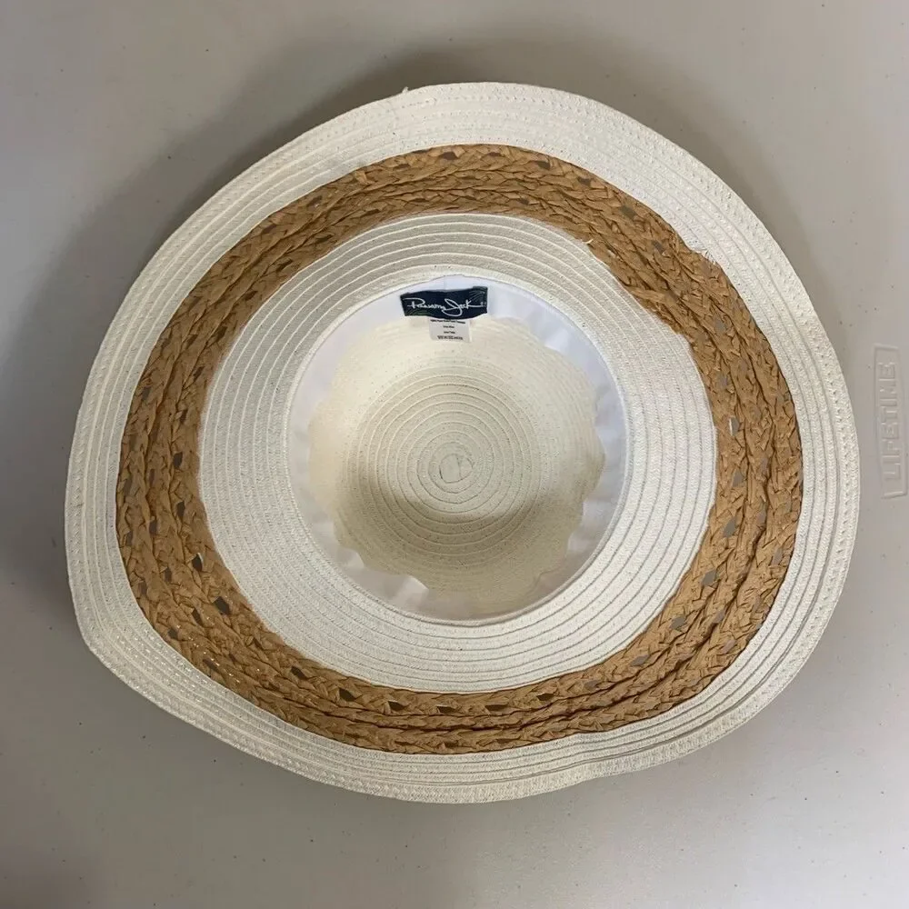 Panama Jack White Straw Hat Women's One SIze Brown Band Brim Woven Summer Beach